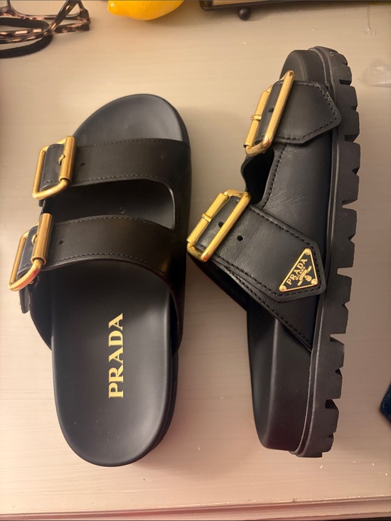 Prada Shoes - Prada Women’s  Black Leather Logo Slide Sandals with Gold Hardware size 37